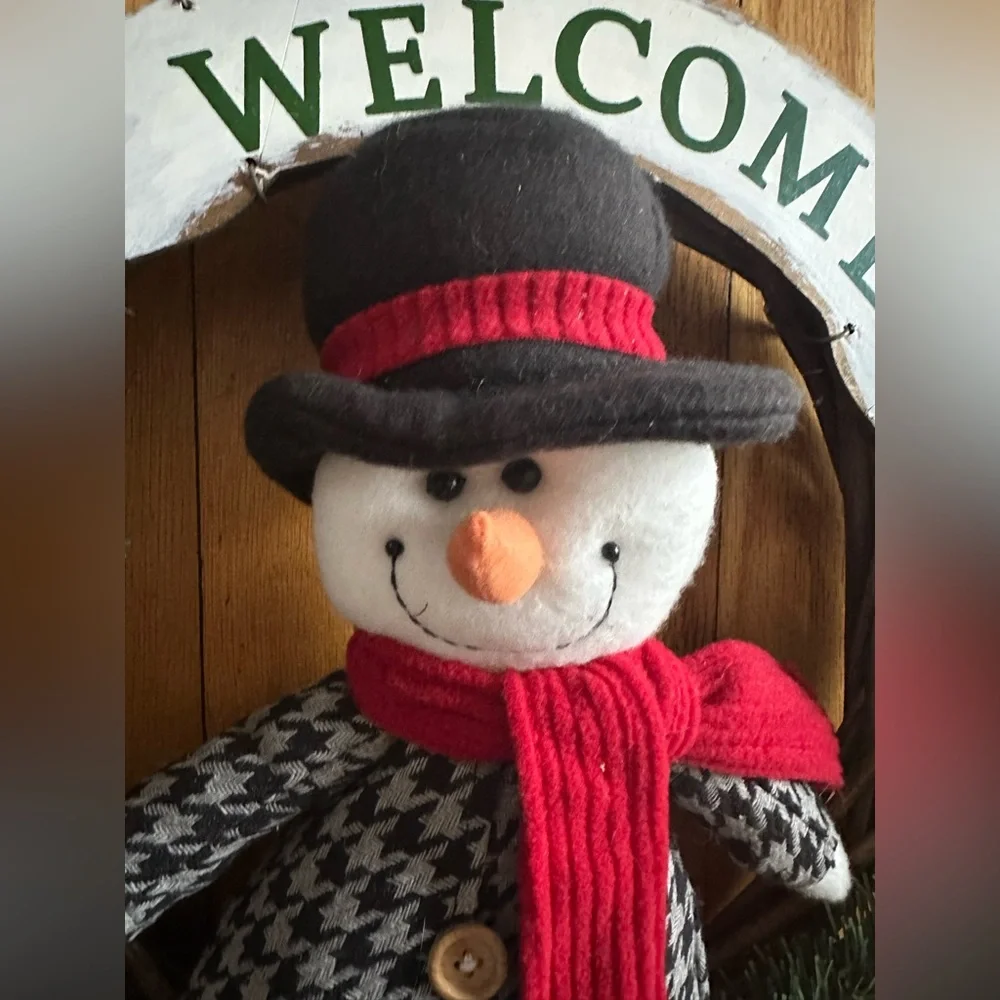 Christmas Stuffed Snowman WELCOME Door Wreath w. Red Scarf & Vines. Wood Sign.